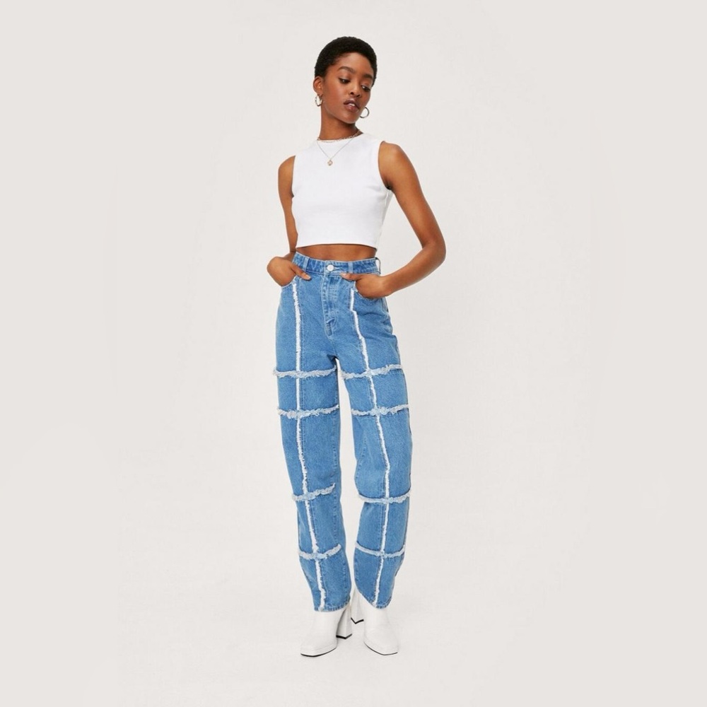 Nasty Gal Frayed Seam Grid Straight Leg Jeans